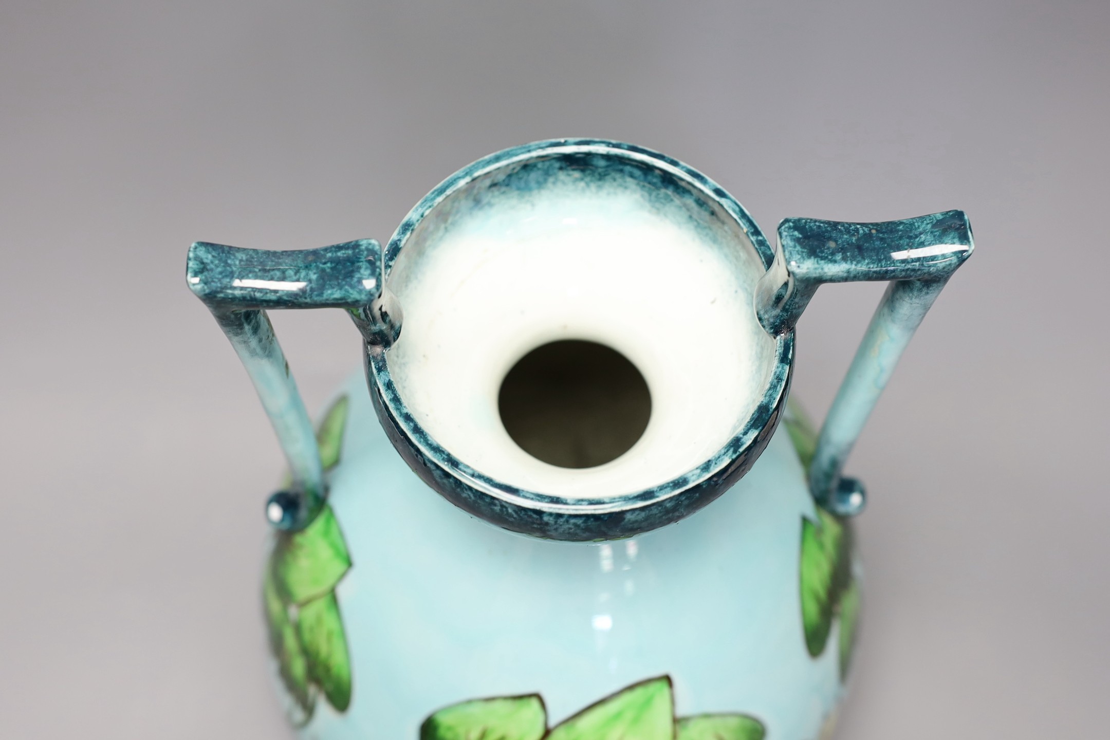 A Julius Dressler two handle ‘lily pond’ pottery vase, 36cm high